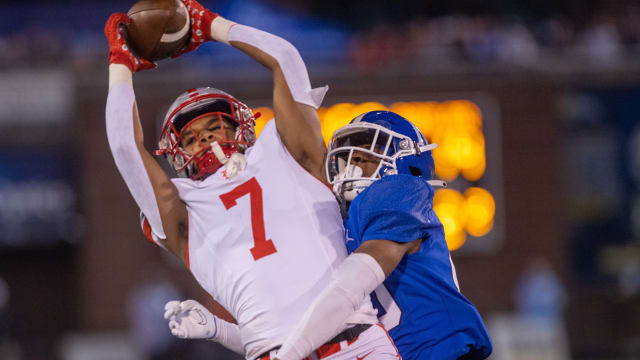 Baylor's Amari Jefferson (7) comes down with the catch over a McCallie defender during the Division II-3A championship game at Finley Stadium in Chattanooga, Tenn., Thursday, Nov. 30, 2023.